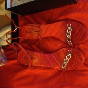 Michael Antonio red sandals w/jewel decorated on front strap; worn only once